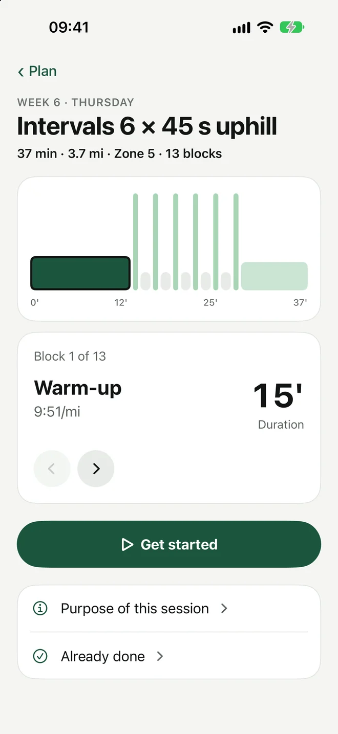 An uphill interval session, 6 × 45 s, block by block, with the pace and time of each block.